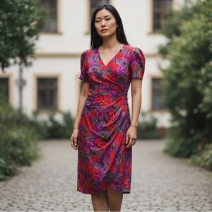 Vintage I.Magnin Pink Purple Red Green Floral Silk V-Neck Wrap Midi Dress 10